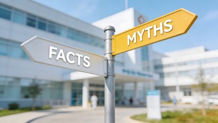 Obraz premium A conceptual directional signpost pointing towards facts and myths on a blurred modern hospital clinic background, representing medical truth, health information, and science.