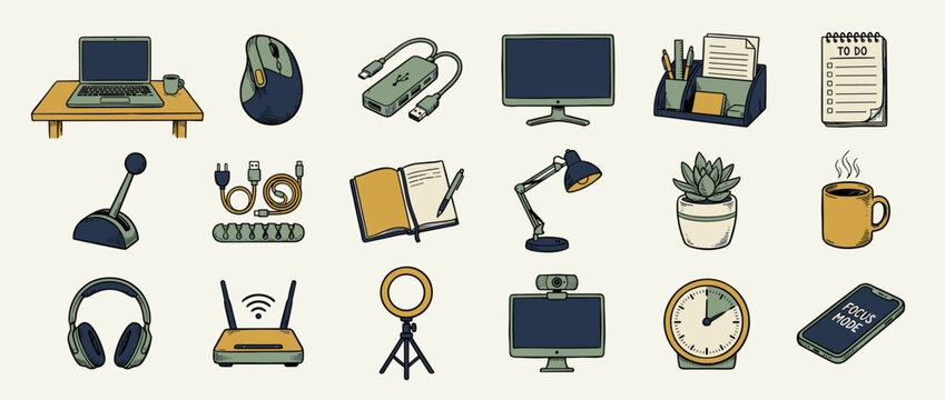 Illustration Set of Productive Work Accessories and Workplace Essentials for Remote Office