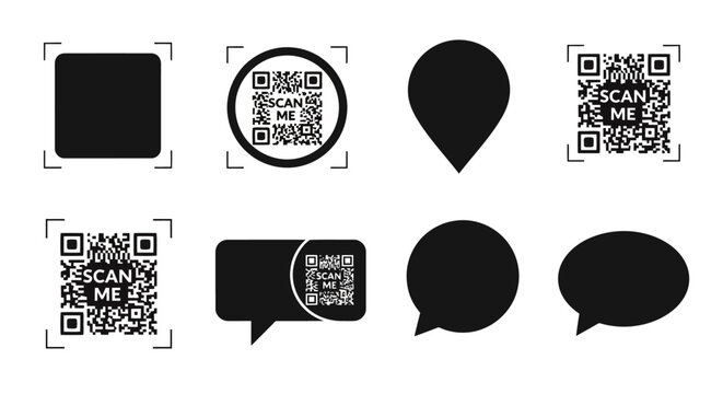 Set of QR Code Scan Me Icons and Vector Shapes for Digital Marketing, Mobile Payments, and Interactive Customer Engagement