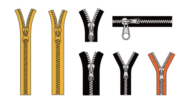 Set of colorful zipper vector illustrations isolated on white. Professional design elements for fashion apparel, sewing projects, and tailoring.