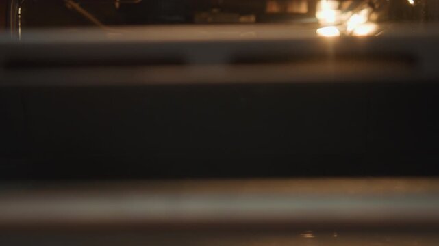 Kitchen scene depicted. Silhouette of food and tray seen clearly. Quiet kitchen moment showing cooking process in detail. Closeup of oven door with rising food and faint steam in soft light