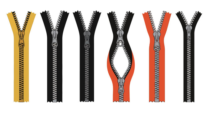 Colorful Zipper Collection Shown in Various Open and Closed Positions on White Background, Ideal for Fashion Design and Tailoring Templates.