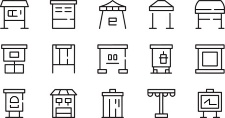 Vector Illustration Stall and booth line icons set for street markets fairs and retail stores outdoor shop kiosks and food stands collection. © MstSima