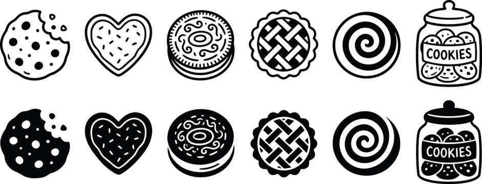 Variety of monochrome cookie illustrations and a cookie jar isolated on transparent background perfect for baking themes