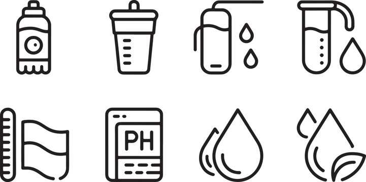 Vector Illustration Set of water quality test line icons including liquid bottles laboratory equipment chemical ph strips and drop symbols.