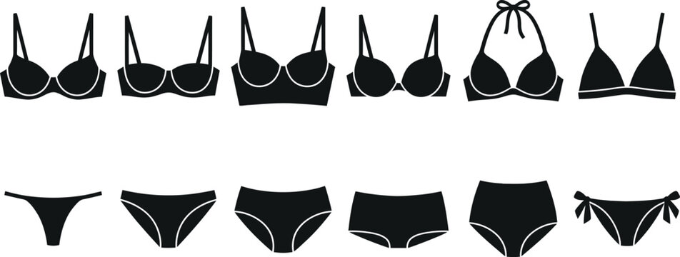 Black lingerie set collection including various bra and panty styles isolated on transparent background