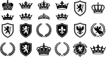 Black and white of ornate crowns and heraldic emblems royal symbol fleur de lis © ROHIMA
