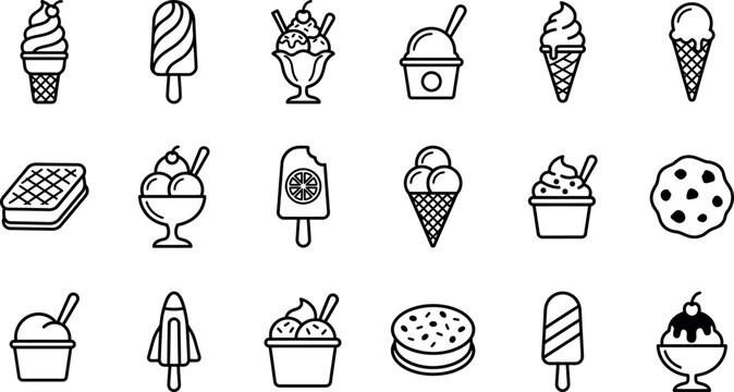 Black line icons of various ice cream types isolated on transparent background