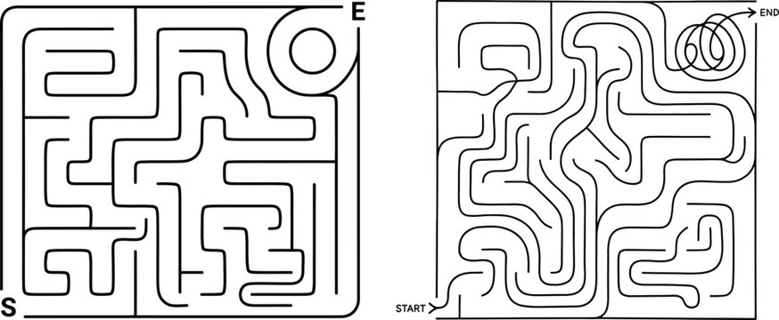 Two square maze puzzles with start and end points black lines on white isolated on transparent background