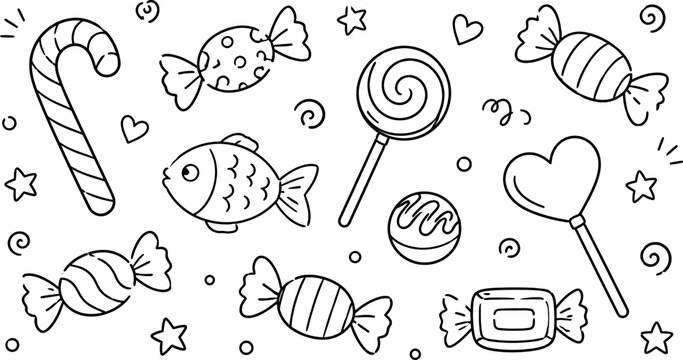 Hand-drawn set of various candies, lollipops, and sweets in simple black outline vector illustration.
