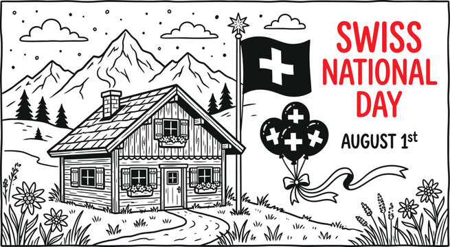 Vintage swiss national day illustration with chalet mountains flag and balloons isolated on transparent background