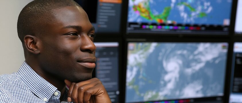 A focused man examines critical weather data on multiple screens, showcasing the intersection of technology, responsibility, and the vital role of meteorologists in society.