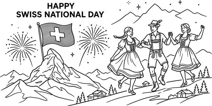 Happy swiss national day illustration featuring traditional dancers flag mountains and fireworks isolated on transparent background