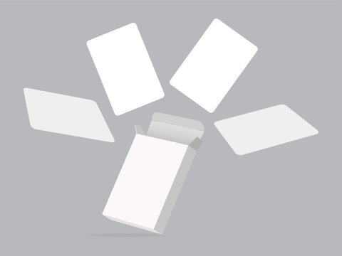 White open card box with playing cards flying out. Presentation of a card game or deck. Vector illustration.