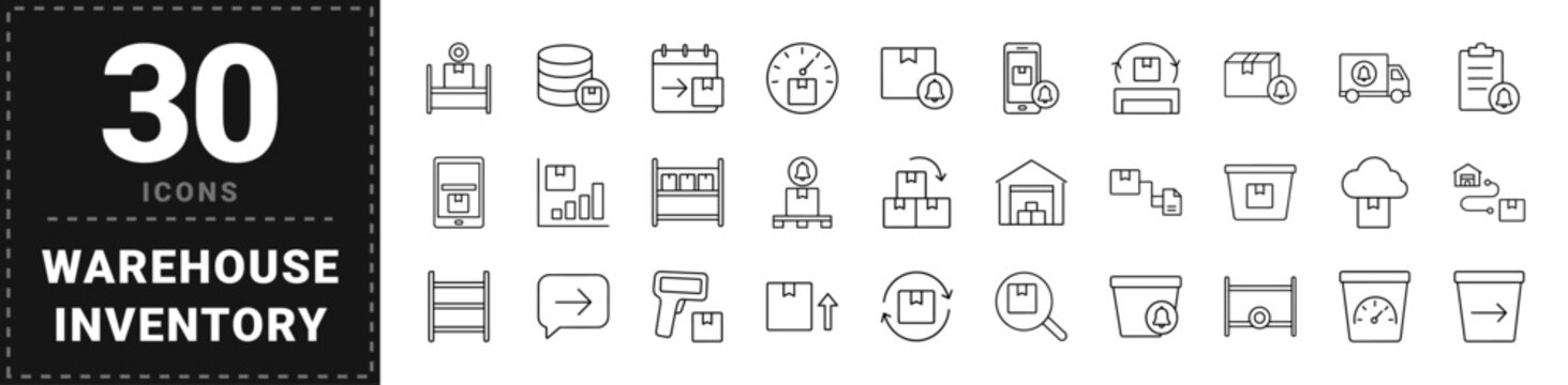 Warehouse inventory line icon set. Vector pictograms of stock control, reorder alerts, supply chain, and purchasing elements, thin linear illustration.