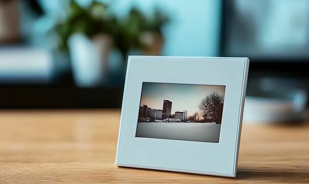 Framed photo of city skyline in winter on a wooden table.
