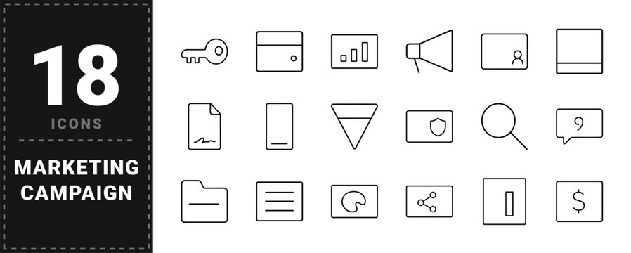 Marketing and Campaign line icon set. Vector pictograms of advertising, analytics, workflow, and finance elements, thin linear illustration.