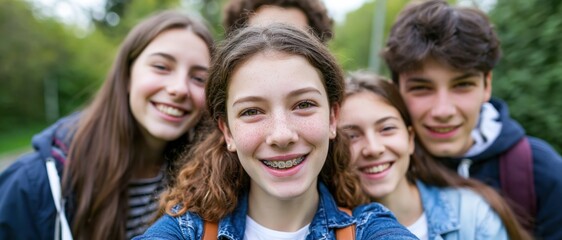 Obraz premium Five cheerful teenagers gather together outdoors, capturing their joy in a lively selfie that showcases their vibrant personalities and friendships.