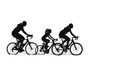 Obraz premium Cyclists silhouette group moves forward on road bikes to depict a family riding in a local park area.