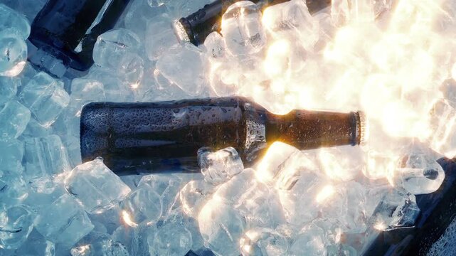 Beer Bottles On Ice In Sun Glow 
