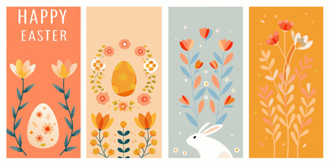set of four vertical easter greeting cards with floral designs flowers rabbit © Ranajit