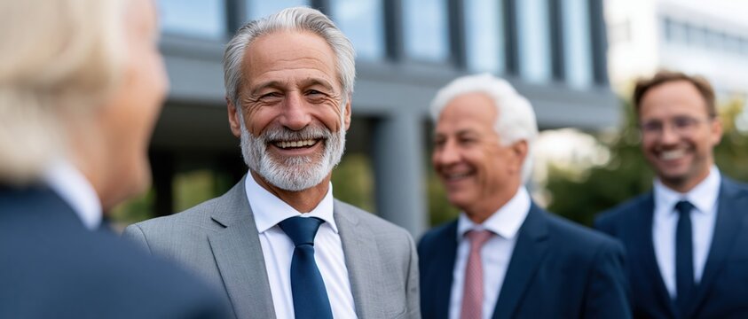 A group of cheerful businessmen engaging in a friendly conversation outdoors, showcasing professionalism and camaraderie in a modern business environment.