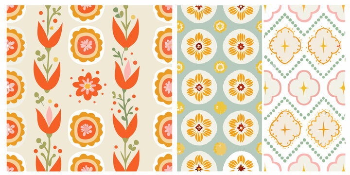 four floral and geometric seamless patterns on colored backgrounds pattern design flower