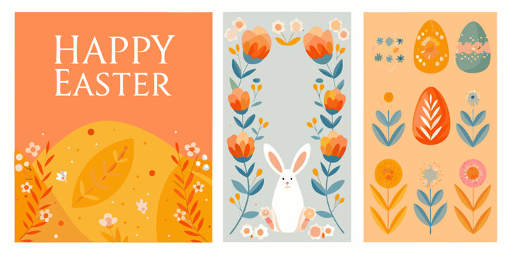 set of four vertical easter greeting cards with colorful floral designs rabbit