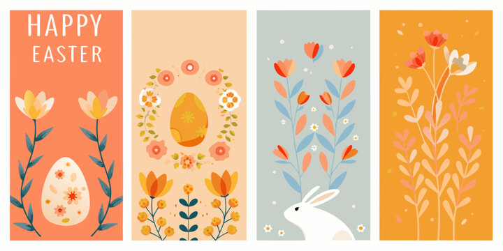 set of four vertical easter greeting cards with floral designs flowers rabbit