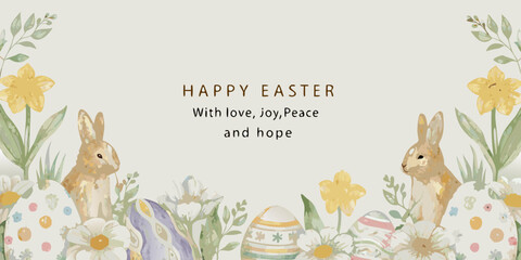easter greeting card with watercolor bunnies and eggs flowers spring holiday celebration © Ranajit