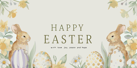 watercolor easter banner with rabbits and flowers spring holiday celebration festive greeting © Ranajit