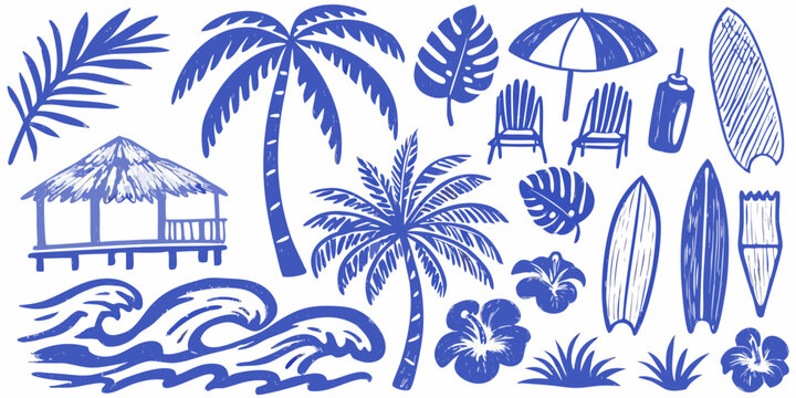 tropical beach elements vector illustration on white background palm tree umbrella surfboard