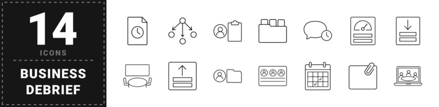 Recruitment review line icon set. Vector pictograms of hiring workflow, candidate evaluation, meeting feedback, and decision analytics elements, thin linear illustration.