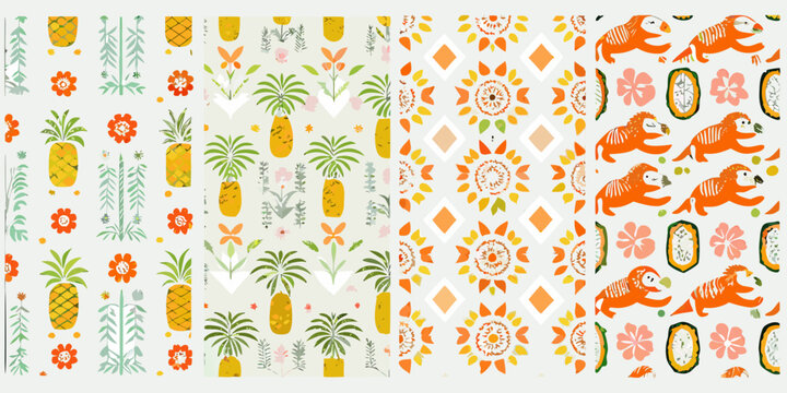 four panels of tropical and folk art inspired patterns pineapple palm monkey