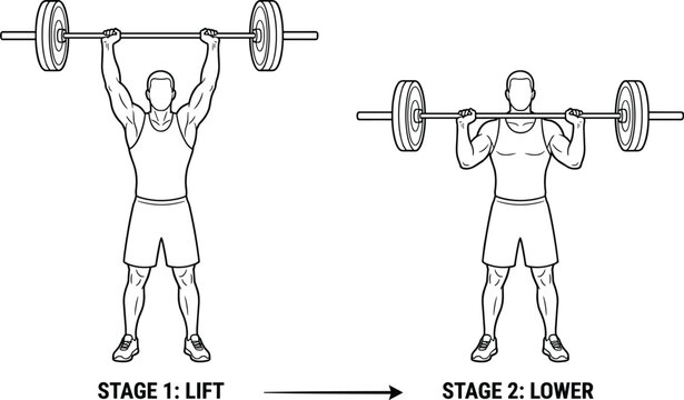 Barbell shoulder press fitness icon illustrations with lifting and lowering stages, strength training graphics, and vector design concepts