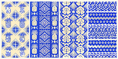 tropical pineapple patterns in blue and beige pattern folk art design ornament © Ranajit