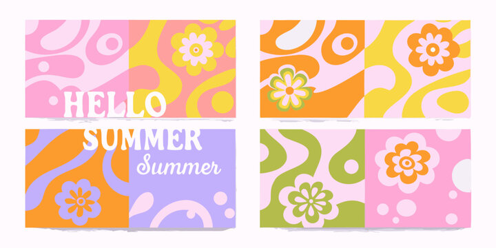 retro groovy summer greeting cards with abstract patterns flower design vintage colorful