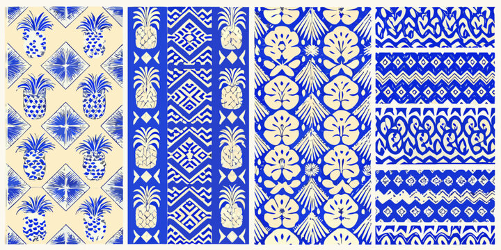 tropical pineapple patterns in blue and beige pattern folk art design ornament