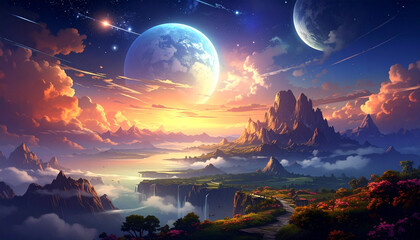 Fantasy world landscape with planets and mountains
