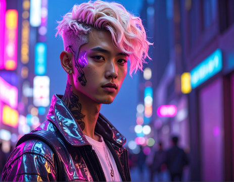 Pria Asia bergaya cyberpunk dengan rambut merah muda