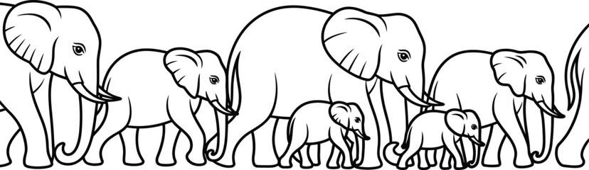 Black and white elephant family, elephant herd, wildlife icons, vector illustrations, safari animals © KABIR678