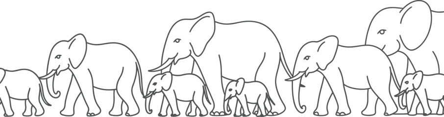 Elephant family, line art illustration, black and white, vector graphics, animal icons © KABIR678