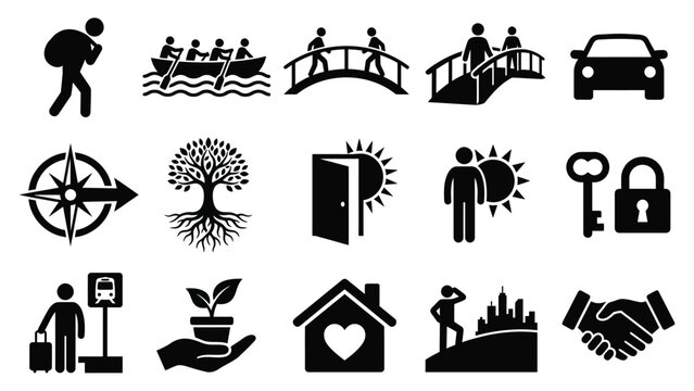 Collection of black icons for travel transport and lifestyle concepts on white background