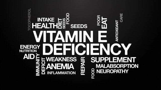 Vitamin E deficiency concept Animated Tag Word Cloud kinetic typography, Text Design Animation typography seamless loop video motion graphics Intro Wordart white type on black background bg backdrop
