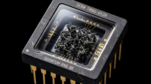 Microchip with a quantum random number generator sits on a black surface to demonstrate advanced computing security measures and hardware encryption technology for modern digital data protection.