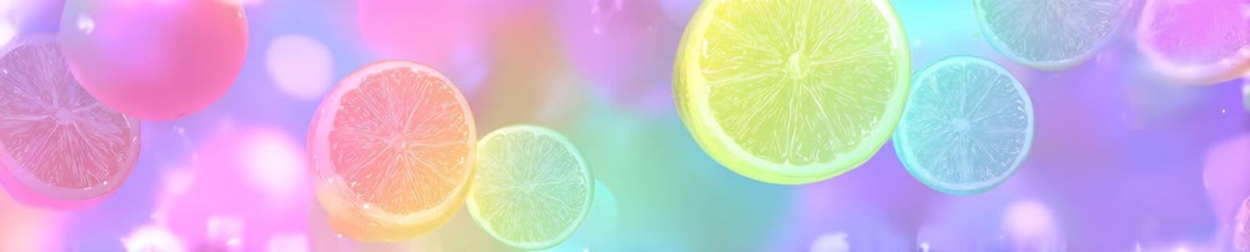 Abstract airy summer background with floating pastel bubbles and fresh citrus slices. Dreamy colorful gradient banner with glowing bokeh and sparkling water drops. Minimalist design with copy space.