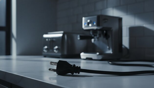 Unplugged power cable lying on a dark kitchen counter with appliances and electronics in the background, representing a power outage, energy saving, or blackout concept