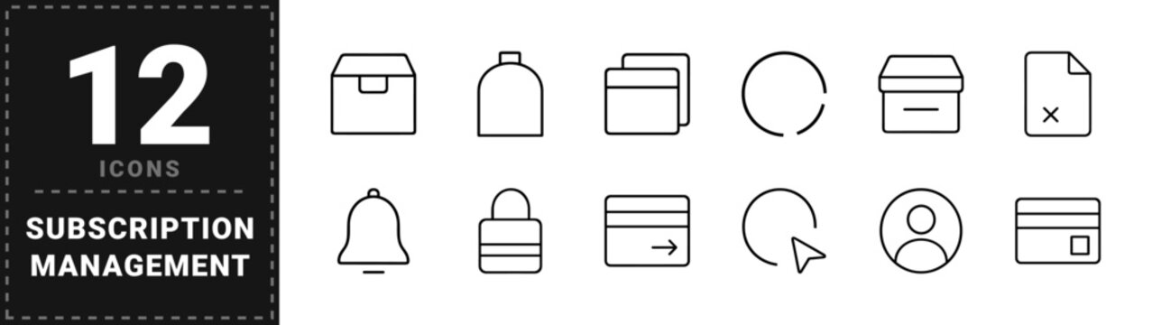 Subscription management line icon set. Vector pictograms of recurring payment, freemium features, billing tools, and customer plan elements, thin linear illustration.