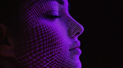 Fototapeta premium A close-up of a young Asian woman with her eyes closed. Her face is illuminated by a purple grid pattern against a black background, showcasing digital art and technology.