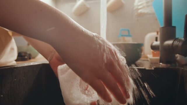 Hands create foam on glass surface. Closeup of hands applying soap causing foam on glass in water. Detailed view of hands creating soap bubbles on glass during cleaning under flowing water